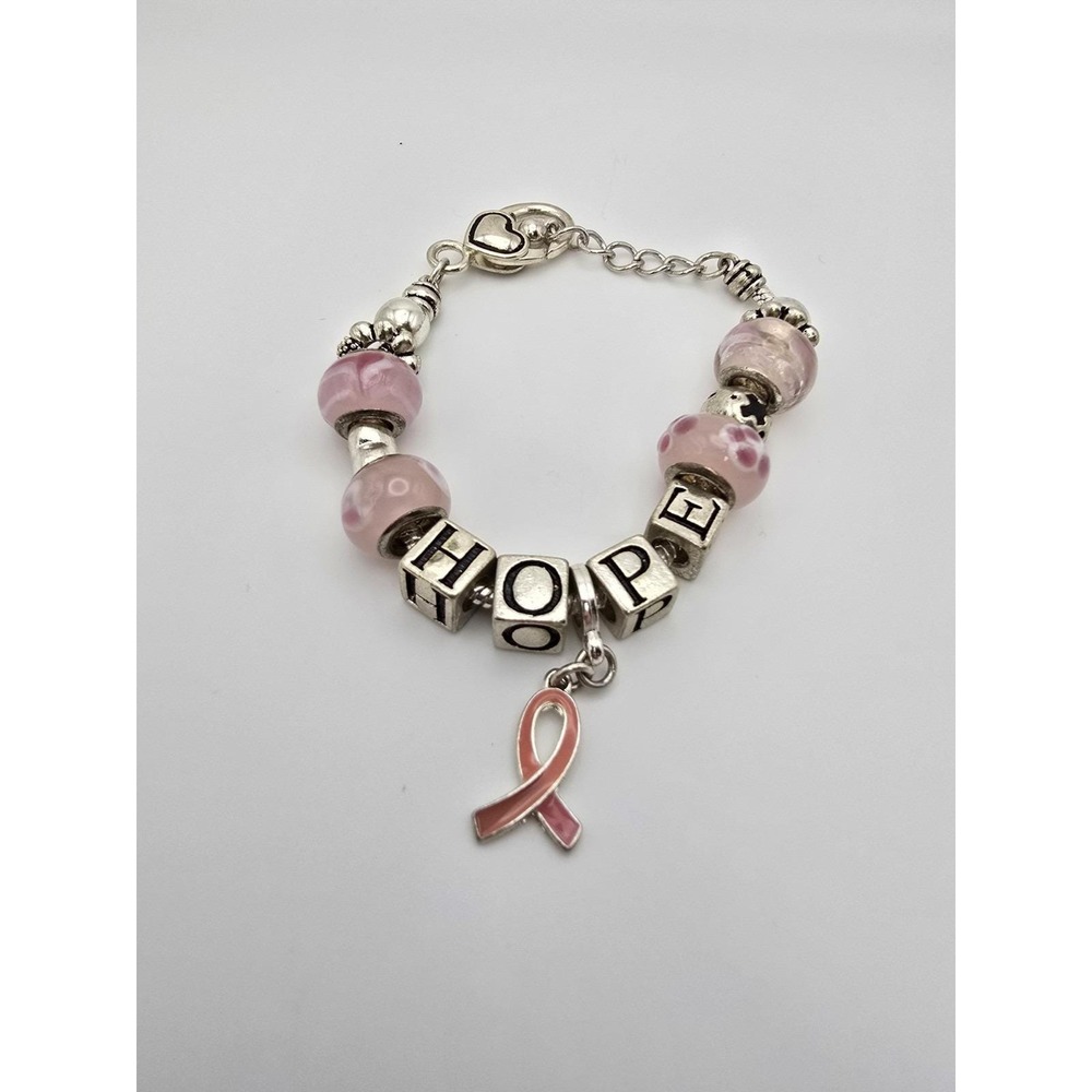 Breast Cancer Awareness Hope Pink Ribbon Art Glass Silver Plate Charm‎ Bracelet